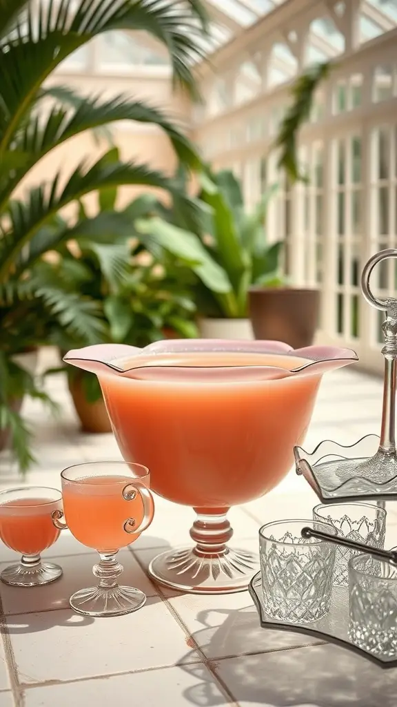 A refreshing pink punch with a hint of rosewater served in a carnival glass bowl.
