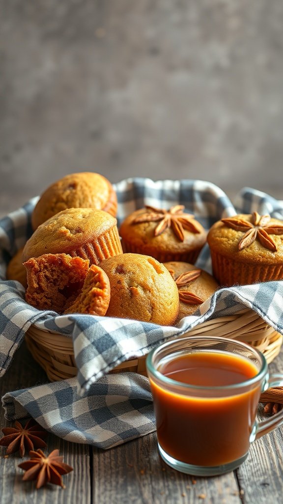 A basket of Earl Grey Chai Spiced Muffins with a cup of tea