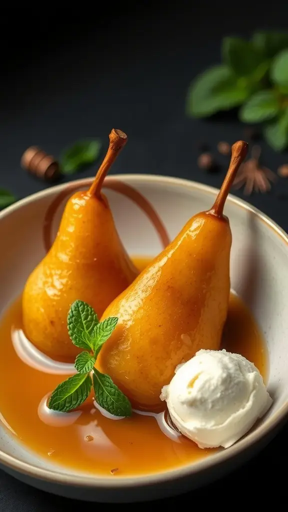 Earl Grey and honey poached pears served with whipped cream and mint leaves.
