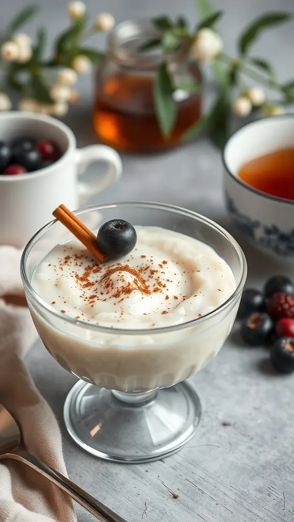 A bowl of Earl Grey-infused rice pudding topped with cinnamon and a blueberry, surrounded by tea and berries.