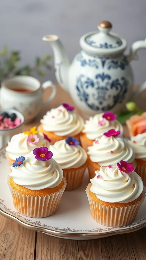Charming Earl Grey cupcakes with floral decorations and a teapot