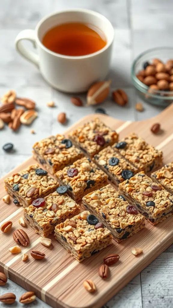 Earl Grey-infused granola bars on a wooden board with a cup of tea and nuts.