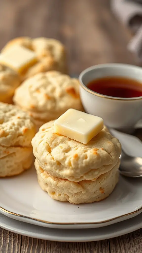 Earl Grey buttermilk biscuits with butter on top and a cup of tea