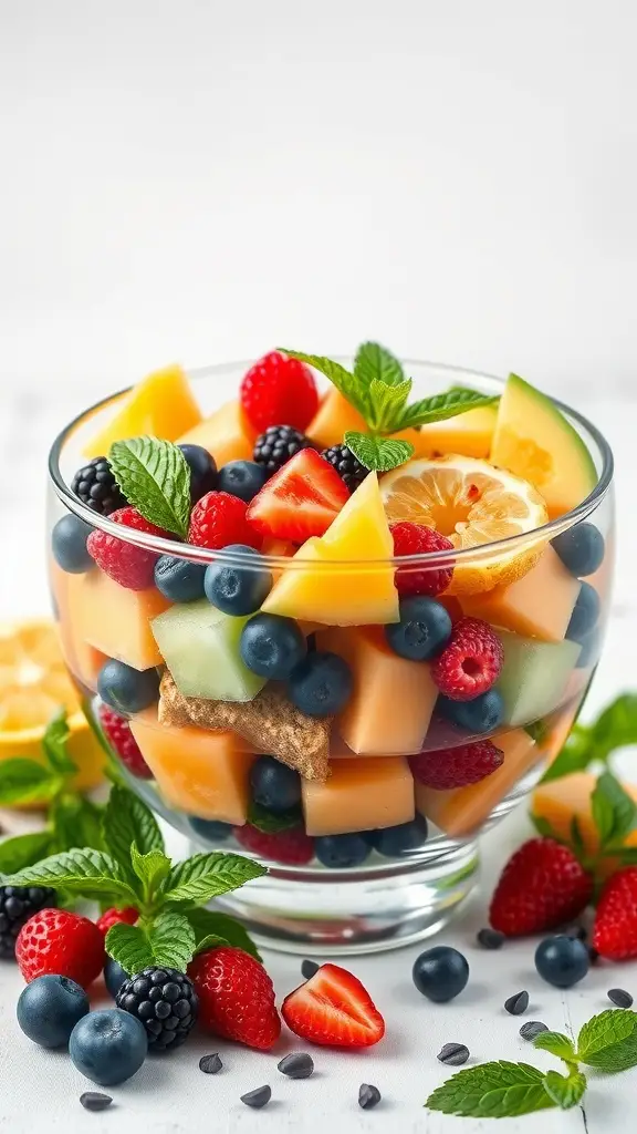 A vibrant bowl of fruit salad featuring strawberries, blueberries, raspberries, cantaloupe, honeydew, and orange segments, garnished with fresh mint.