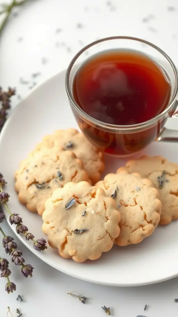 Earl Grey tea cookies with lavender on a plate next to a cup of tea