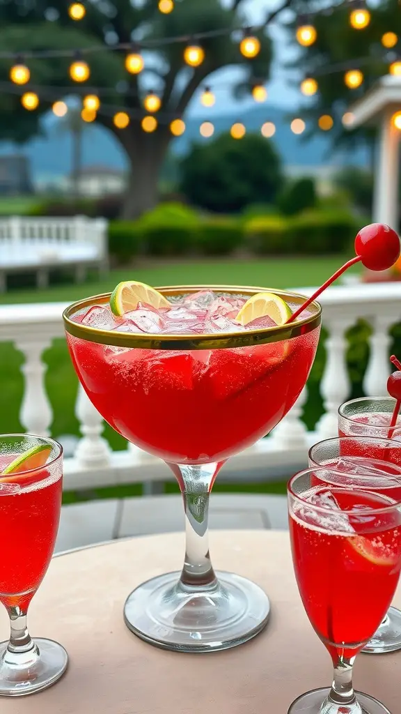 A vibrant punch bowl filled with Pomegranate Lime Sparkler, garnished with lime slices and pomegranate seeds.