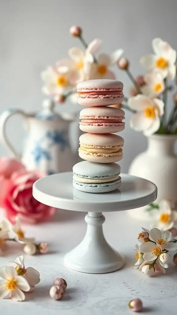 Earl Grey-infused macarons stacked on a cake stand with flowers in the background