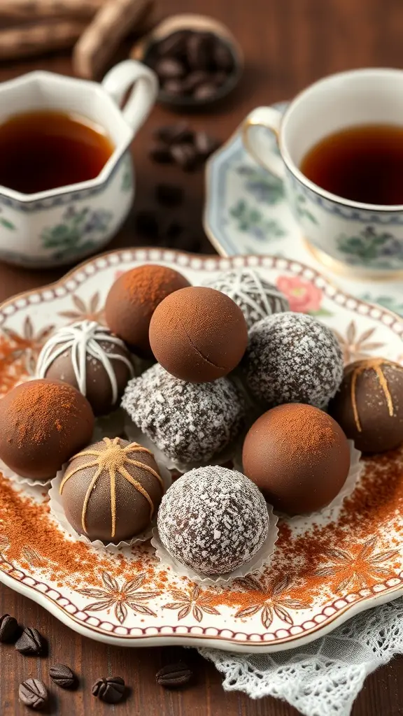 A plate of assorted Earl Grey chocolate truffles with cups of tea in the background.