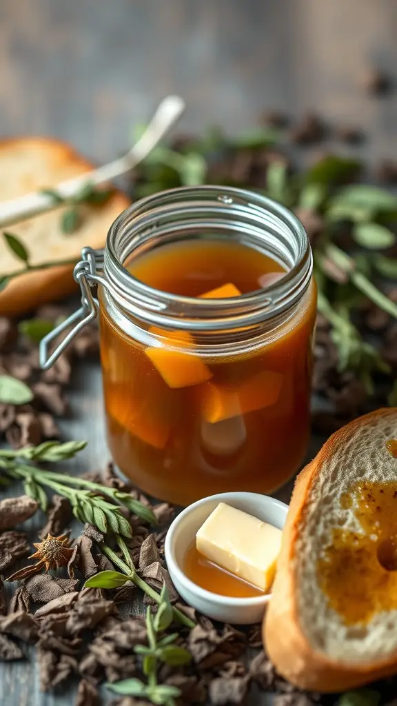 A jar of Earl Grey jelly with butter and bread on a table, surrounded by tea leaves.