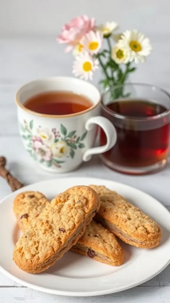 A plate of Earl Grey tea biscotti with a cup of tea and flowers in the background.