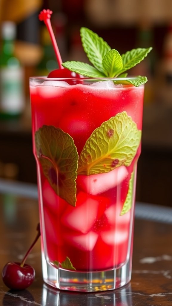 A refreshing Cherry Smash cocktail with fresh cherries and mint leaves, served in a tall glass.