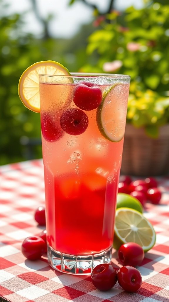 A refreshing glass of sparkling cherry limeade garnished with cherries and lime slices, set against a vibrant green background.