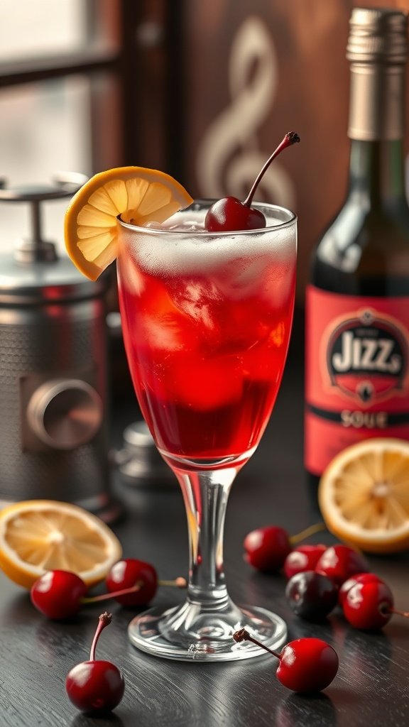 A Classic Cherry Fizz cocktail garnished with a lemon slice and cherry, surrounded by fresh cherries and lemon slices.