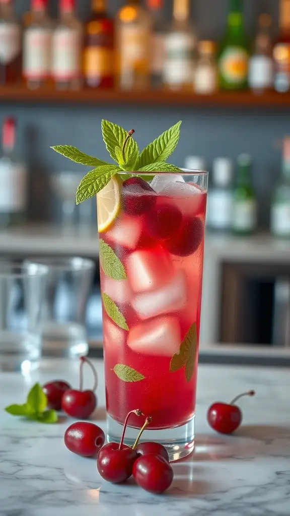 A refreshing Cherry Mojito cocktail garnished with mint and cherries, served in a tall glass.
