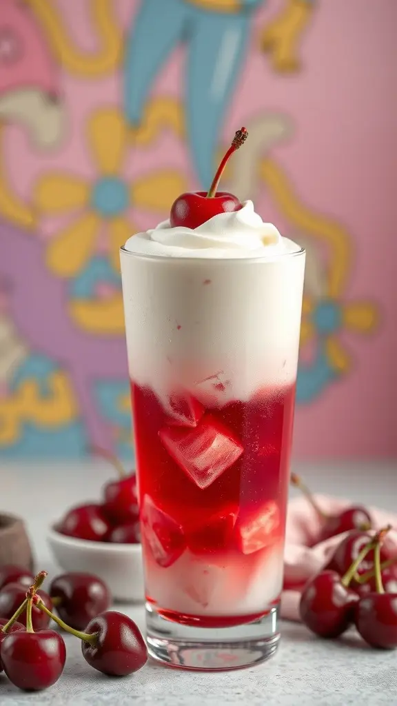 A tall glass of Cherry Cream Soda topped with whipped cream and a cherry, surrounded by fresh cherries.