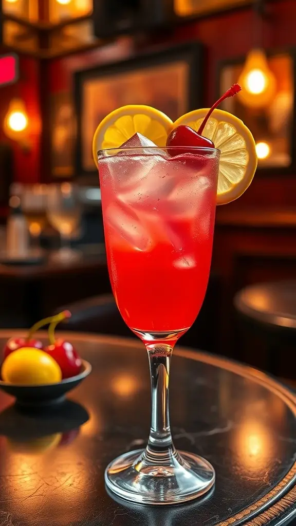 A Cherry Collins cocktail garnished with cherries and lemon slices, served in a tall glass.