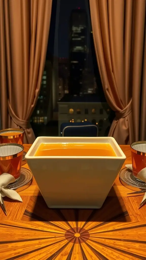 A decorative ceramic urn filled with spiced apricot punch, surrounded by elegant glasses and garnishes.