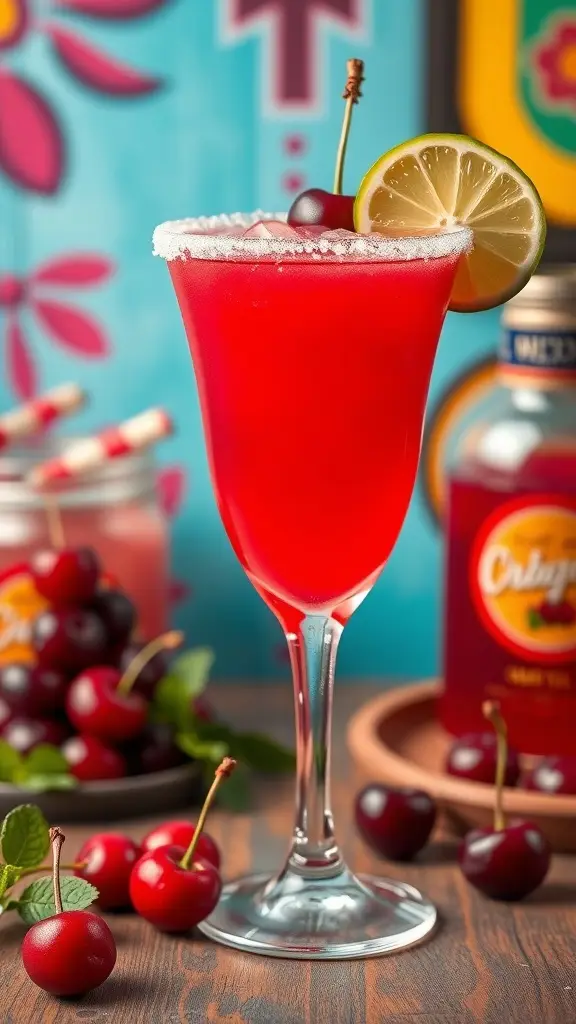 A vibrant cherry margarita with a salt rim, garnished with a lime slice and cherry, set against a colorful background.