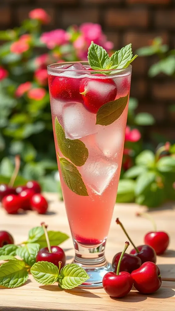 A refreshing Cherry Basil Spritzer in a tall glass with ice, garnished with fresh cherries and basil leaves.