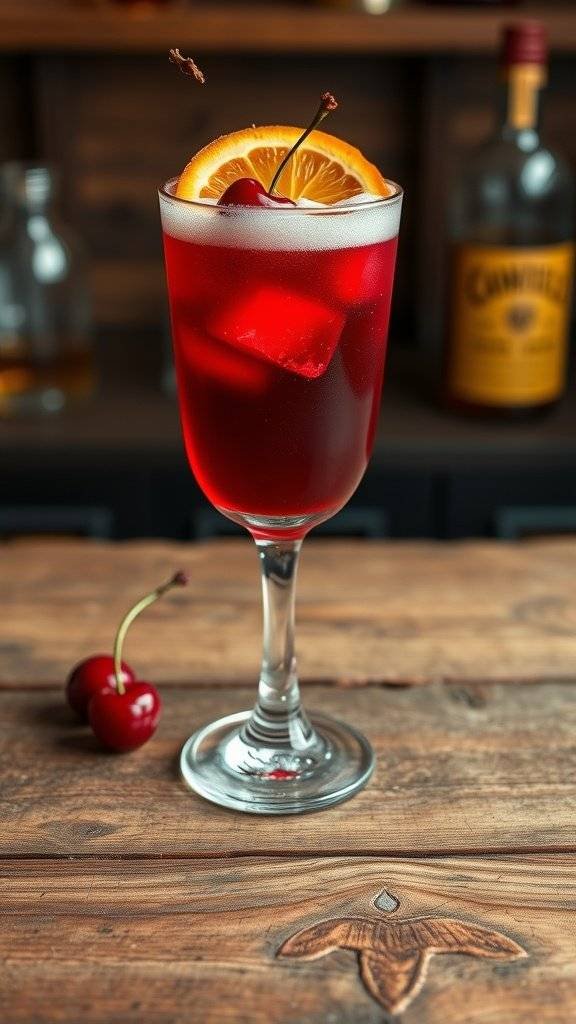 A Cherry Whiskey Sour cocktail garnished with an orange slice and cherry, served in a tall glass on a wooden table.