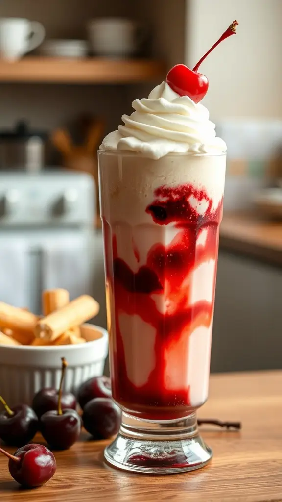 A Cherry Vanilla Cream Mocktail topped with whipped cream and a cherry, served in a tall glass with cherries and wafer sticks in the background.