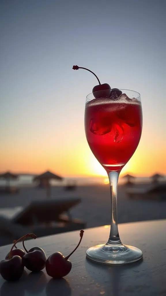 A Cherry Daiquiri cocktail with cherries on the rim, set against a sunset background.