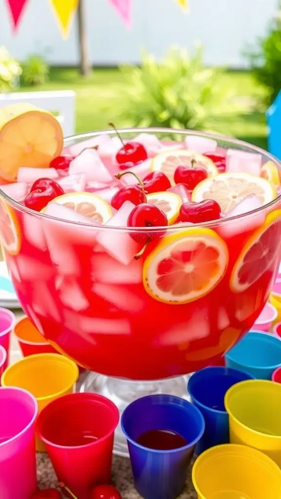 A vibrant bowl of Cherry Lemonade Punch with cherries and lemon slices, surrounded by colorful cups.