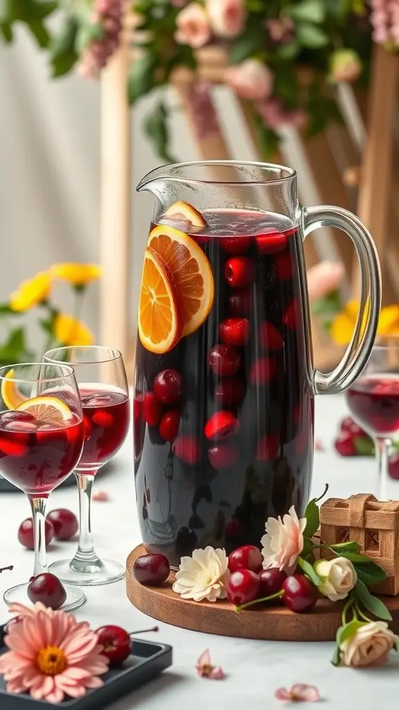A pitcher of cherry sangria with fresh cherries and citrus slices, surrounded by glasses and flowers.