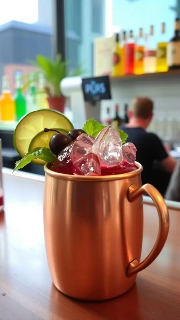 A Chic Cherry Mule cocktail in a copper mug, garnished with cherries and lime, set against a bar backdrop.