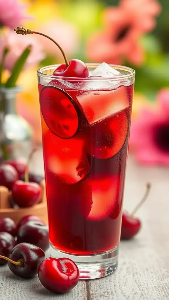 A refreshing glass of cherry-infused iced tea with ice cubes and cherries, set against a colorful floral background.