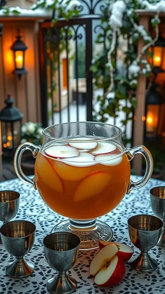 A refreshing Iced Apple Brandy Punch served in a frosted glass fishbowl, perfect for festive gatherings.
