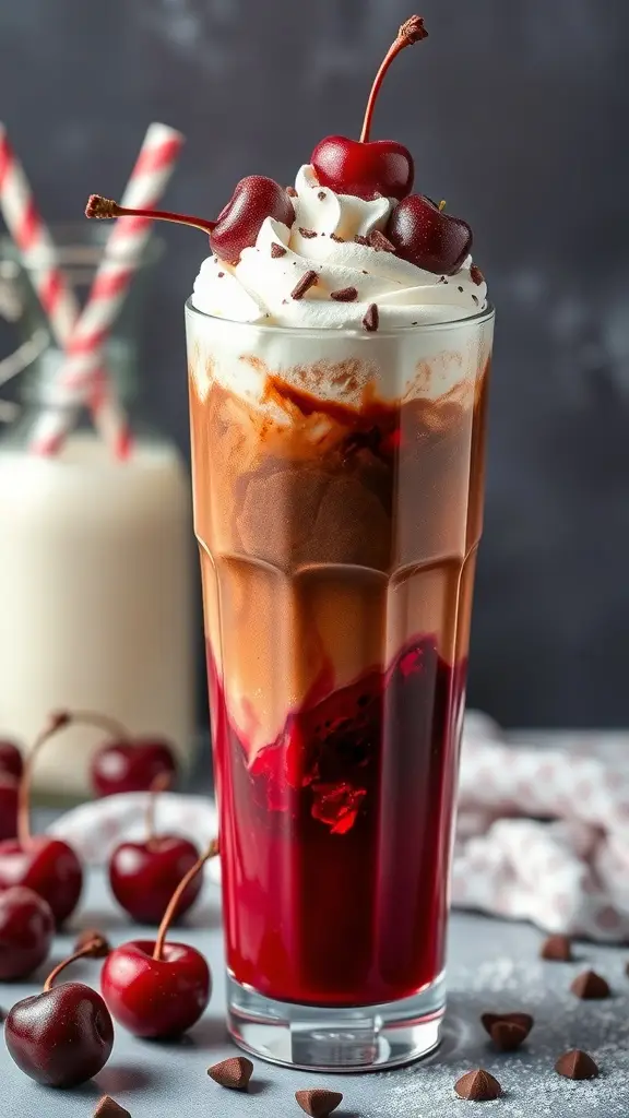 A Cherry Chocolate Mocktail with whipped cream and cherries on top, surrounded by fresh cherries and chocolate chips.