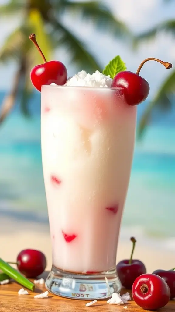 A refreshing Cherry Coconut Cooler cocktail garnished with cherries, set against a beach background.
