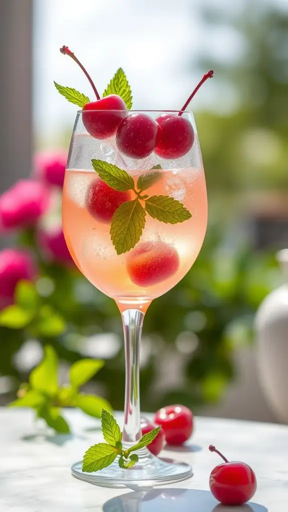 A refreshing Cherry Spritz cocktail garnished with cherries and mint leaves in a glass.