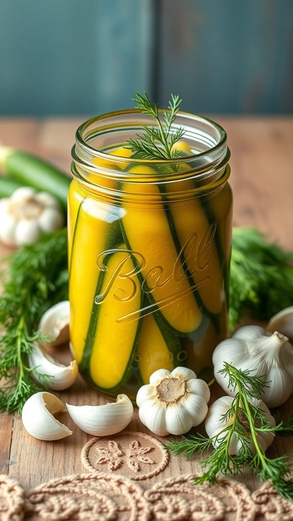 A jar of bright yellow pickles surrounded by garlic and fresh dill on a wooden table.
