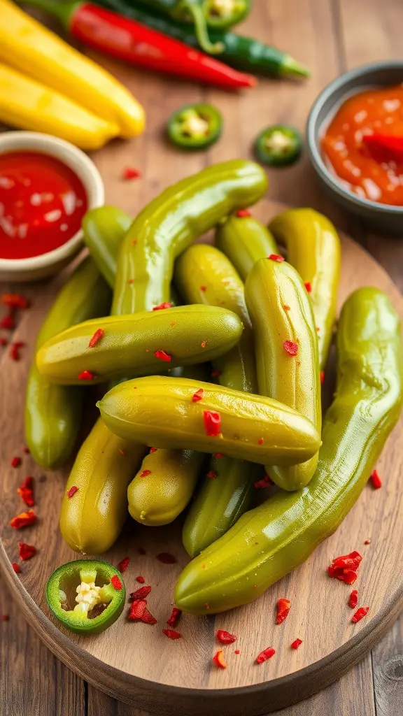A wooden platter filled with spicy pickles, garnished with red chili flakes and surrounded by fresh peppers.