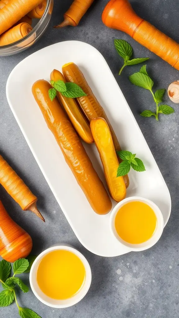 A plate of sweet and sour pickles with fresh mint leaves and bowls of yellow liquid.