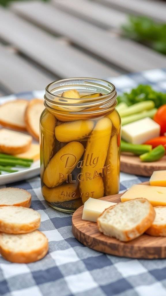 A jar of bread and butter pickles surrounded by sliced bread, cheese, and fresh vegetables.