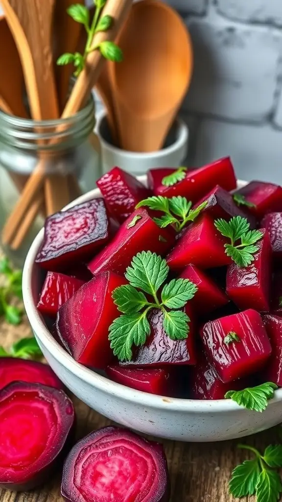 A bowl of diced pickled beets garnished with fresh herbs, surrounded by whole beets and wooden utensils.