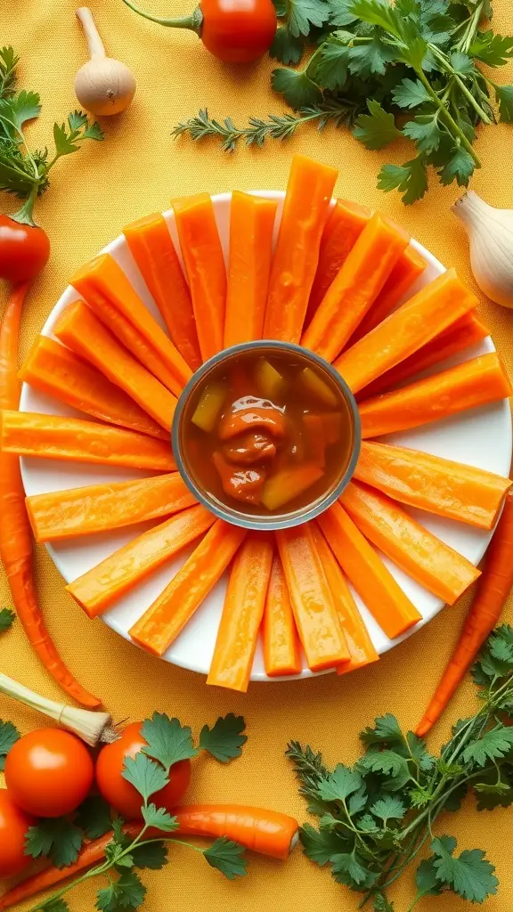 A plate of vibrant carrot sticks arranged around a bowl of dipping sauce, surrounded by fresh vegetables.