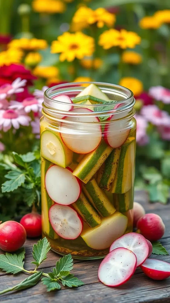 A jar filled with cucumber and radish slices in a tangy brine, surrounded by fresh vegetables and flowers.