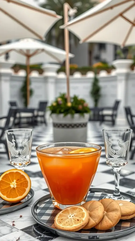 A refreshing glass of clementine clove punch with citrus slices and cookies on a checkerboard terrace.
