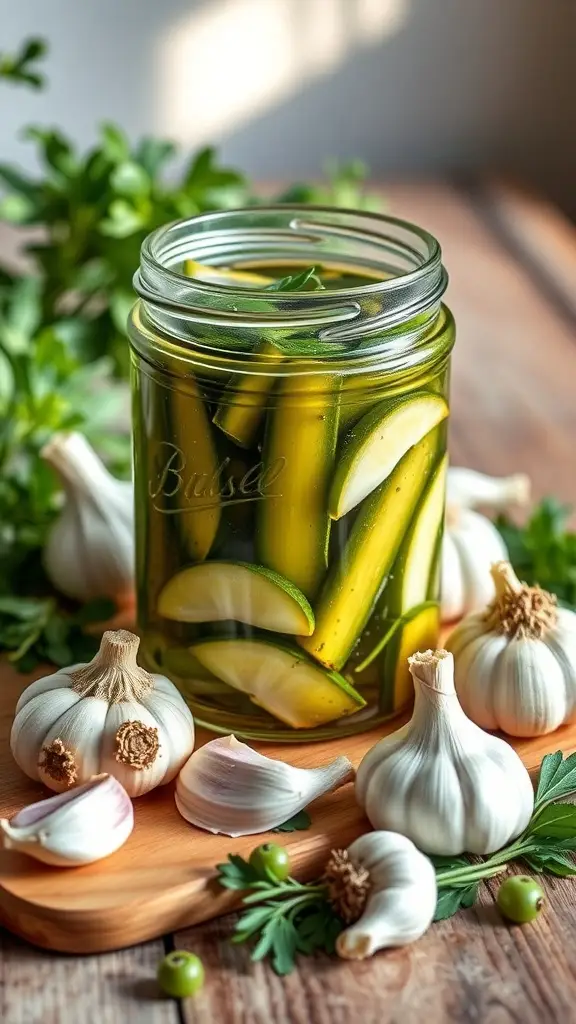 A jar of garlic and herb pickles surrounded by garlic cloves and fresh herbs.