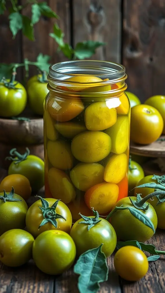 A jar of pickled green tomatoes surrounded by fresh green tomatoes on a wooden table.