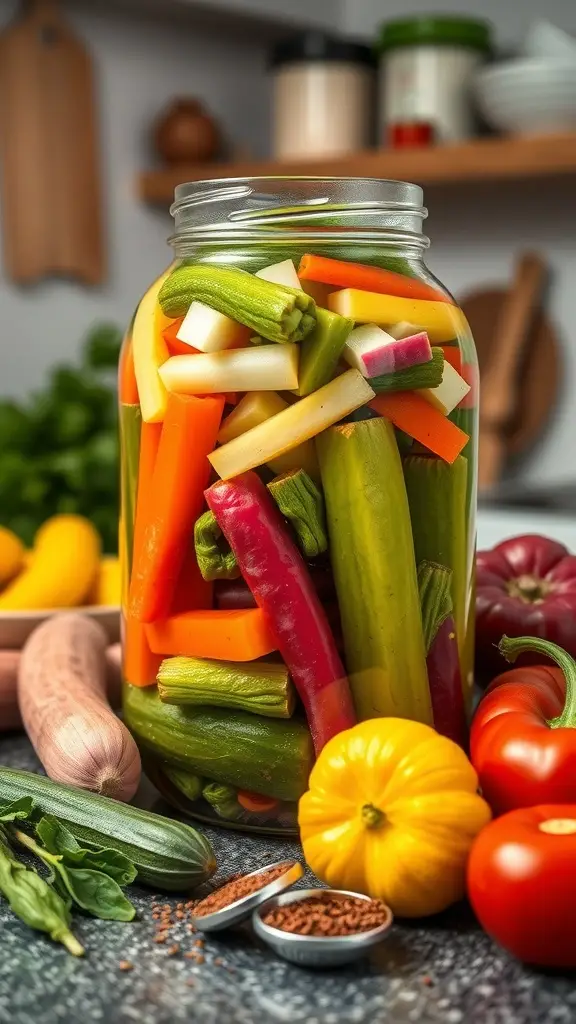 A jar filled with colorful mixed vegetable pickles surrounded by fresh vegetables and spices.