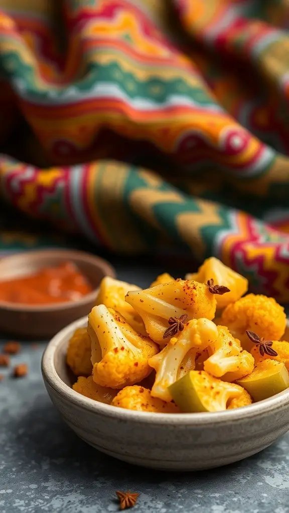 A bowl of curried cauliflower pickles with vibrant colors and spices, set against a colorful patterned fabric.
