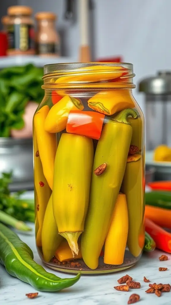 A jar of colorful pickled peppers with various spices