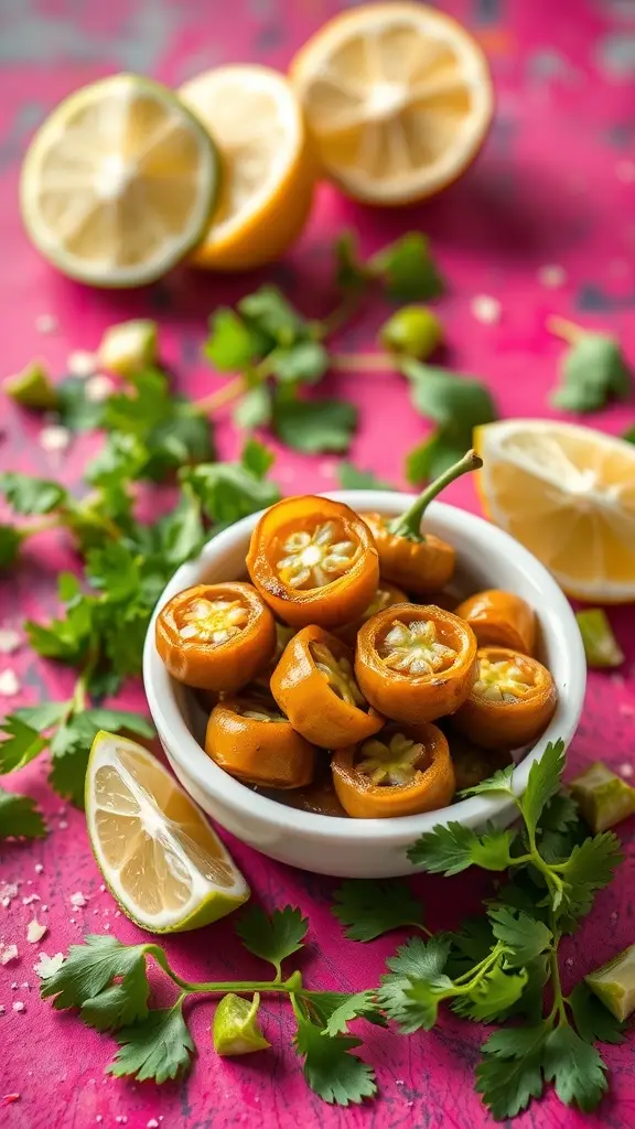 A bowl of crispy pickled jalapeños with lemon and cilantro on a colorful background.