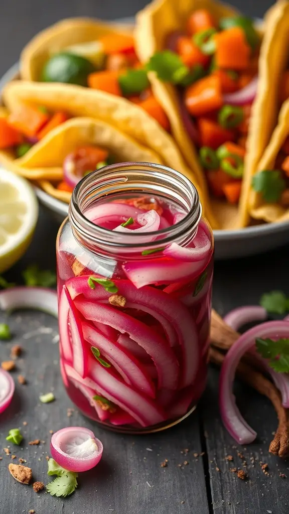 A jar of pickled red onions with tacos in the background