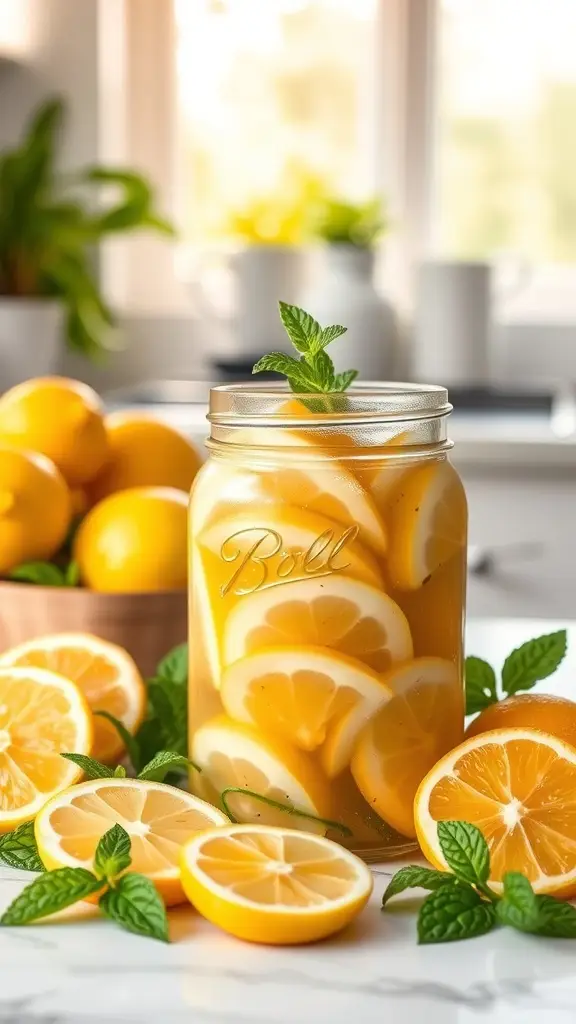 A jar of tangy lemon pickles with fresh lemons and mint leaves on a kitchen counter.
